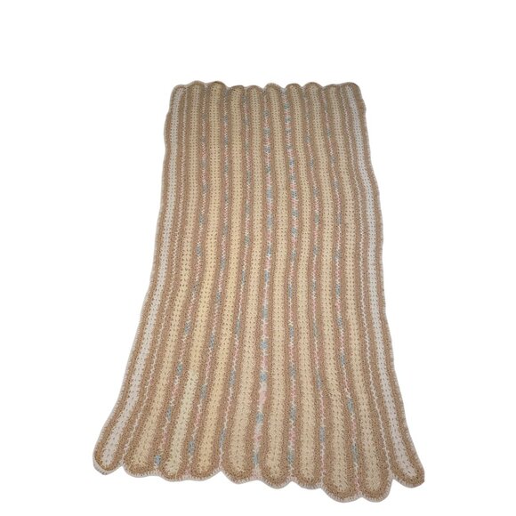 VTG Handmade Crochet Baby Blanket Pastel Pink, Blue, Beige & Scalloped Edges - Picture 1 of 10